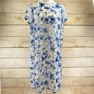 Calvin Klein White Blue Tunic Top Size L Floral Short Sleeve Button Sheer NEW